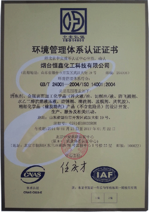 恒鑫化工通过ISO14001环境管理体系认证